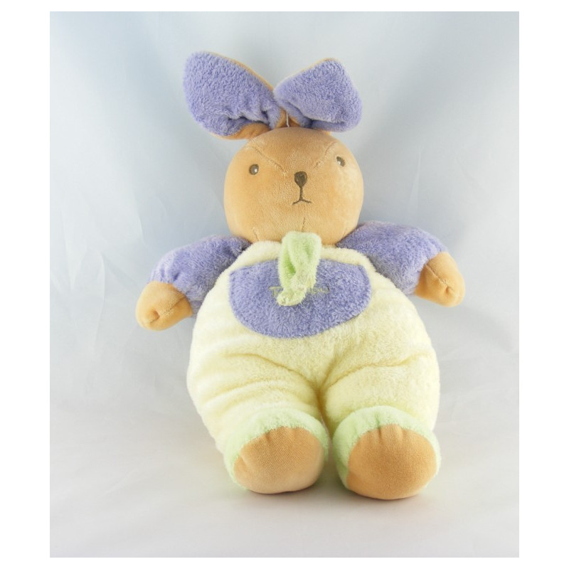 Doudou lapin ecru jaune mauve vert TAKINOU 22 cm
