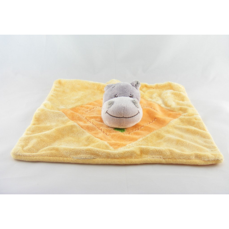 Doudou plat hippopotame gris orange étiquettes INFLUX