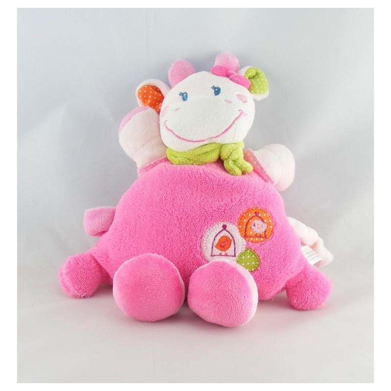 Doudou plat vache rose pois foulard vert oiseau NICOTOY