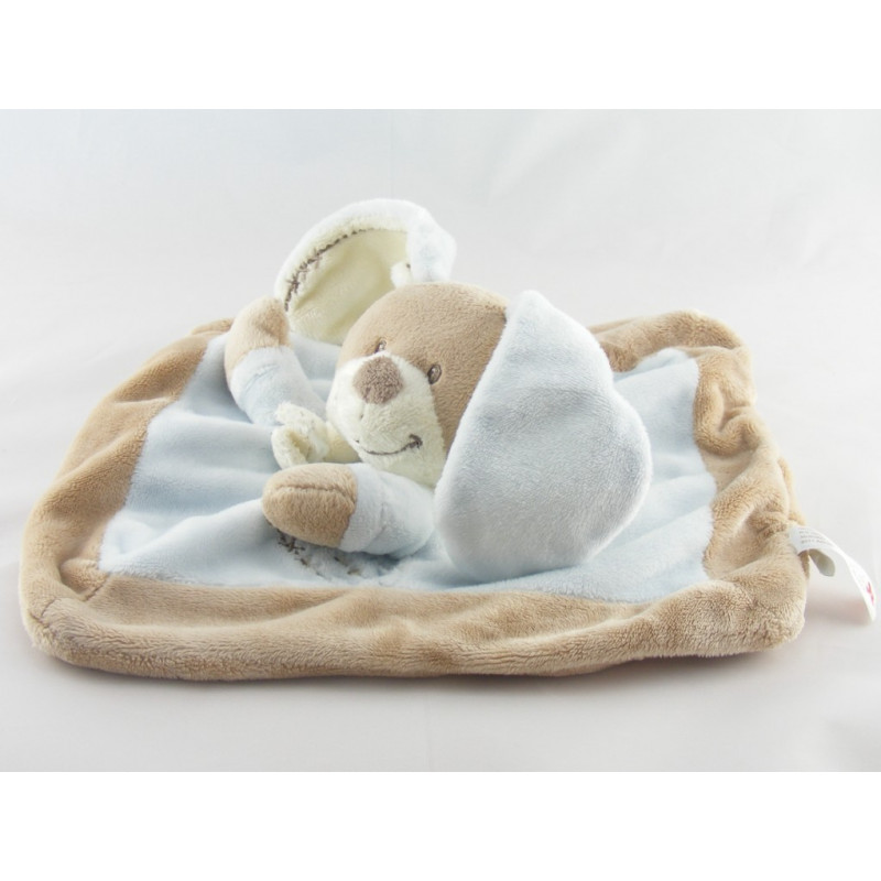 Doudou plat carré lapin beige bleu NICOTOY