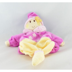 Doudou plat marionnette lutin rose jaune fleur REVE DE BEBE