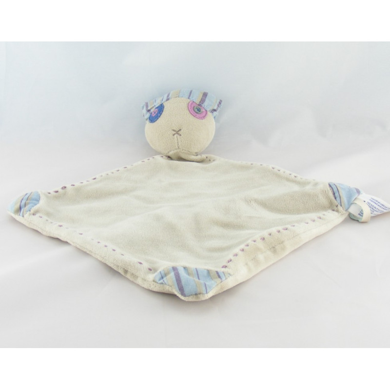 Doudou chat gris marron pull et bonnet rayés bleu OBAIBI OKAIDI