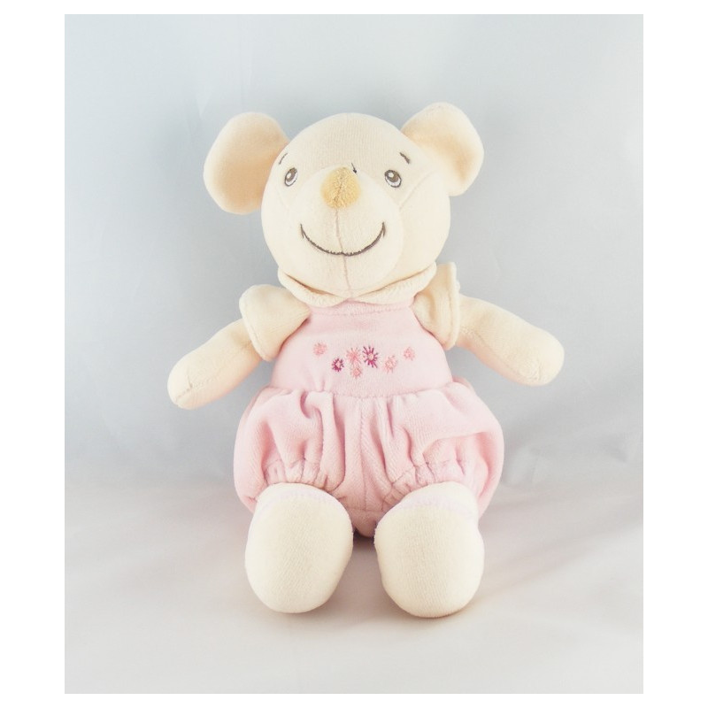 Doudou souris blanc rose fleurs NOUNOURS NEUF
