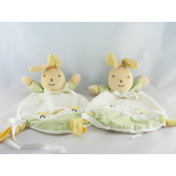 Doudou plat lapin blanc vert oiseau brodé TAKINOU 