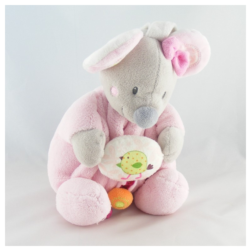 Doudou plat souris rose oiseau vert NICOTOY