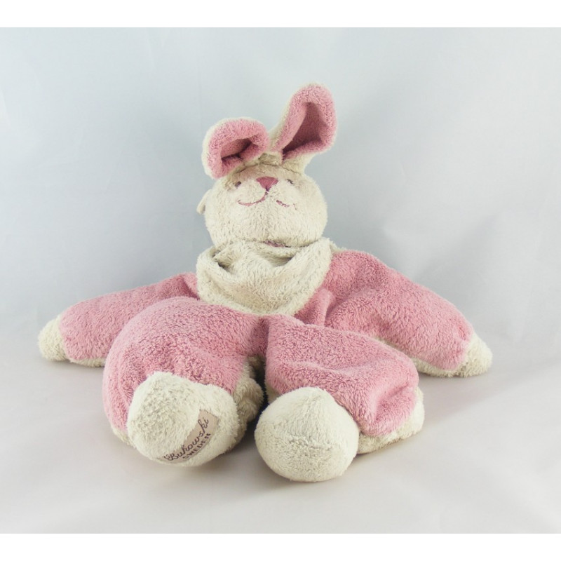 Doudou semi plat lapin rose blanc éponge BUKOWSKI