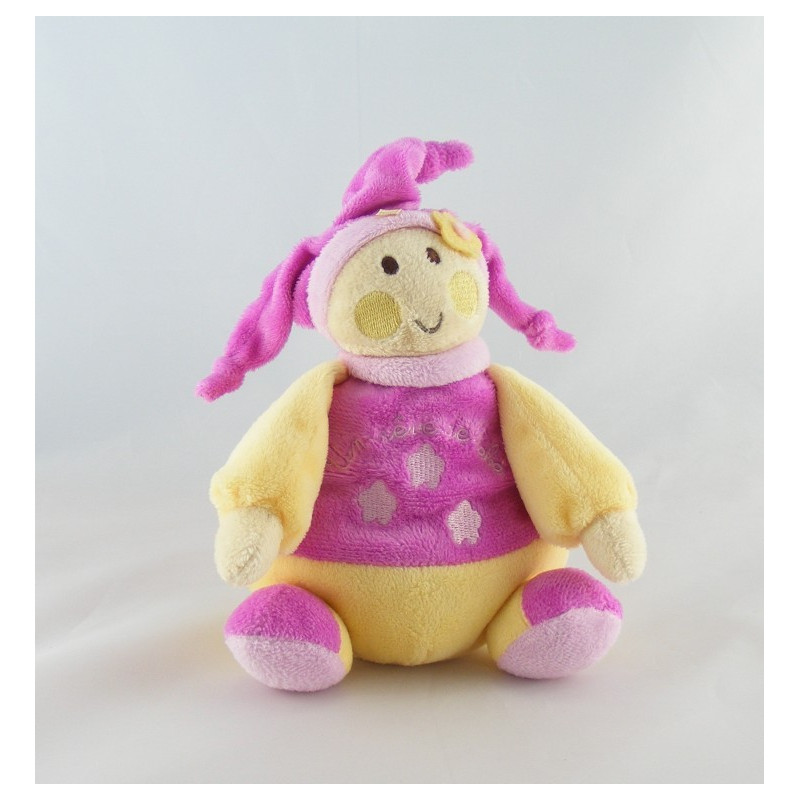 Doudou plat marionnette lutin rose jaune fleur REVE DE BEBE