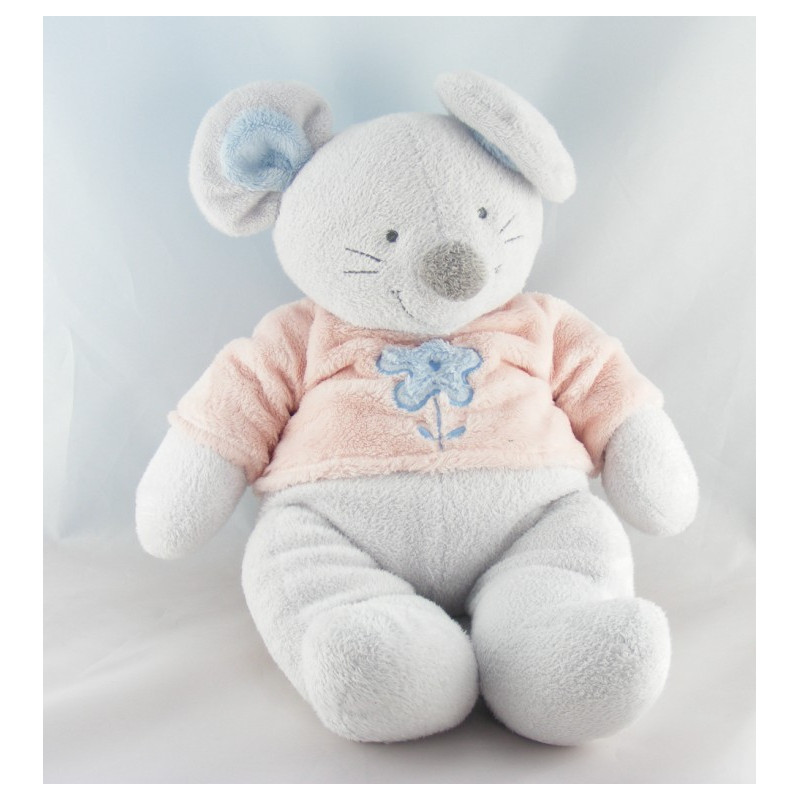 Doudou souris grise bleu pull rose fleur NICOTOY
