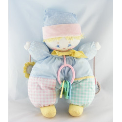 Doudou clown rose bleu jaune hochet COROLLE