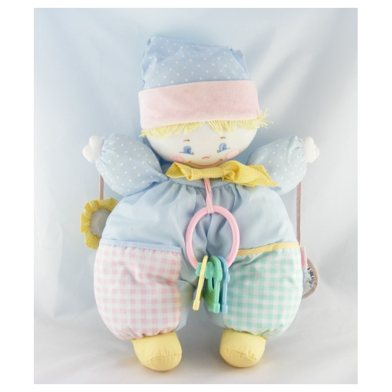 Doudou clown rose bleu jaune hochet COROLLE