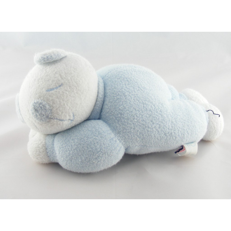 Doudou Ours bleu collier blanc Sucre d'orge 