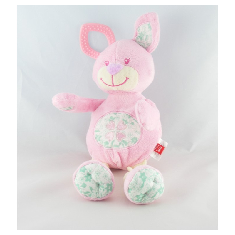 Doudou lapin rose fleurs vertes coeur TEX NEUF