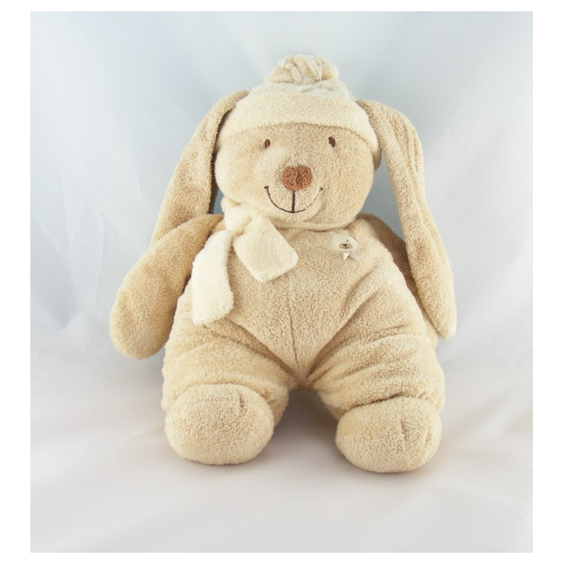 Doudou Lapin Beige bonnet et foulard écru NICOTOY