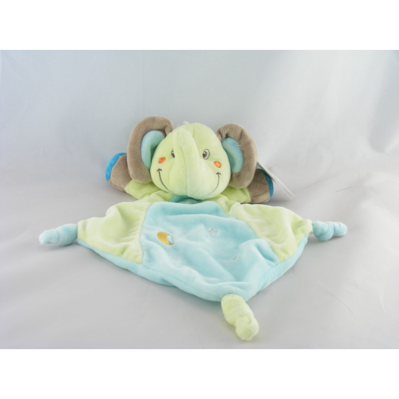 Doudou plat éléphant bleu vert gris NICOTOY