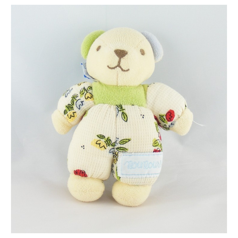 Doudou ours écru vert bleu fleurs papillons NOUNOURS