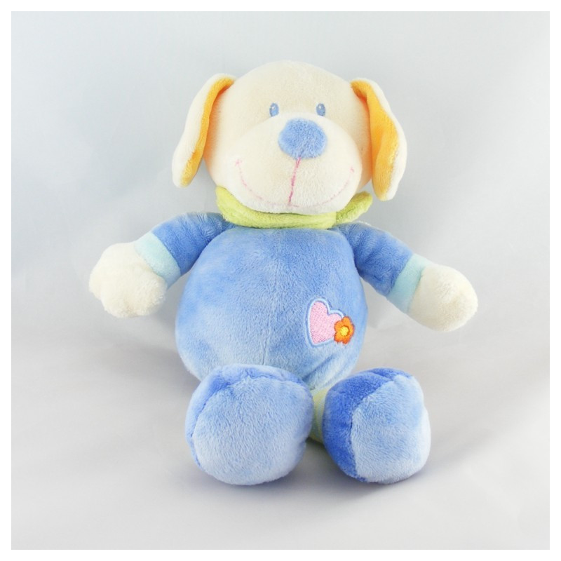 Doudou Plat rond chien bleu coeur rose NICOTOY