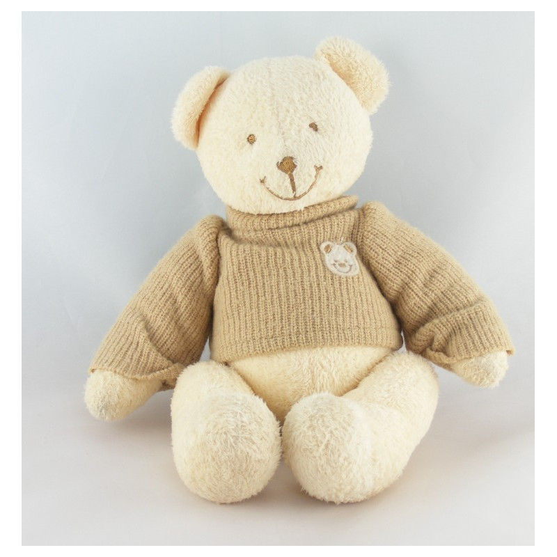 Doudou ours beige pull laine blanc NICOTOY