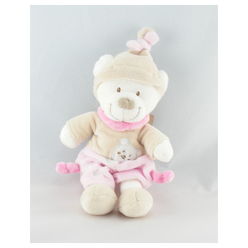 Doudou ours blanc rose beige bonnet beige empreintes NICOTOY 