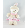 Doudou ours blanc rose beige bonnet beige empreintes NICOTOY 