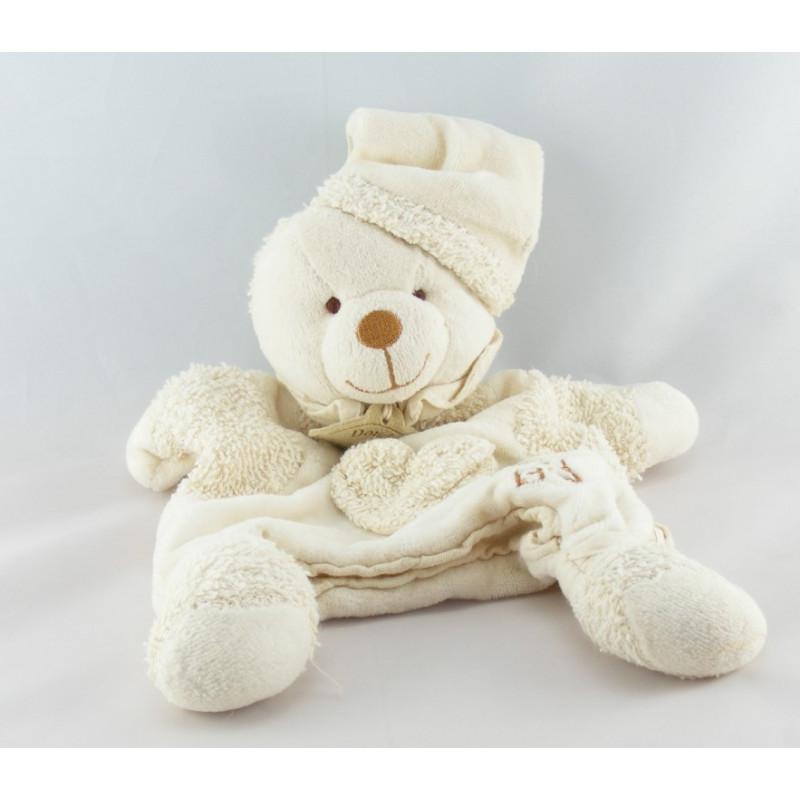 Doudou et compagnie bio ours blanc beige fleurs 14 cm