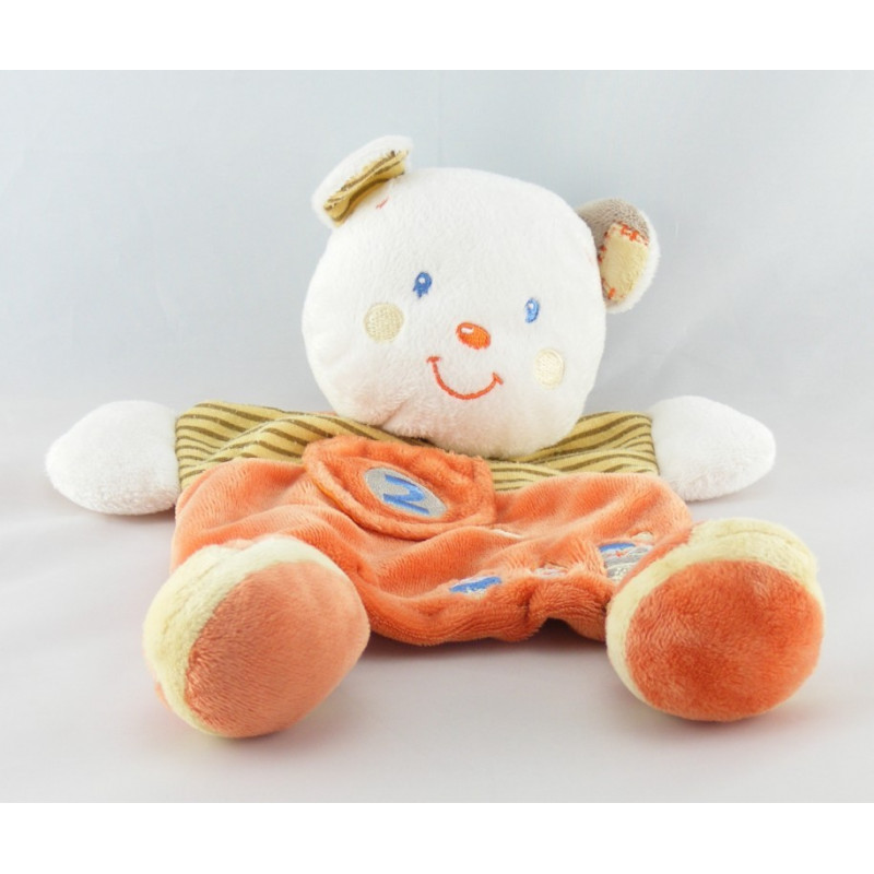 Doudou plat ours blanc jaune orange 2 train brodé KIABI