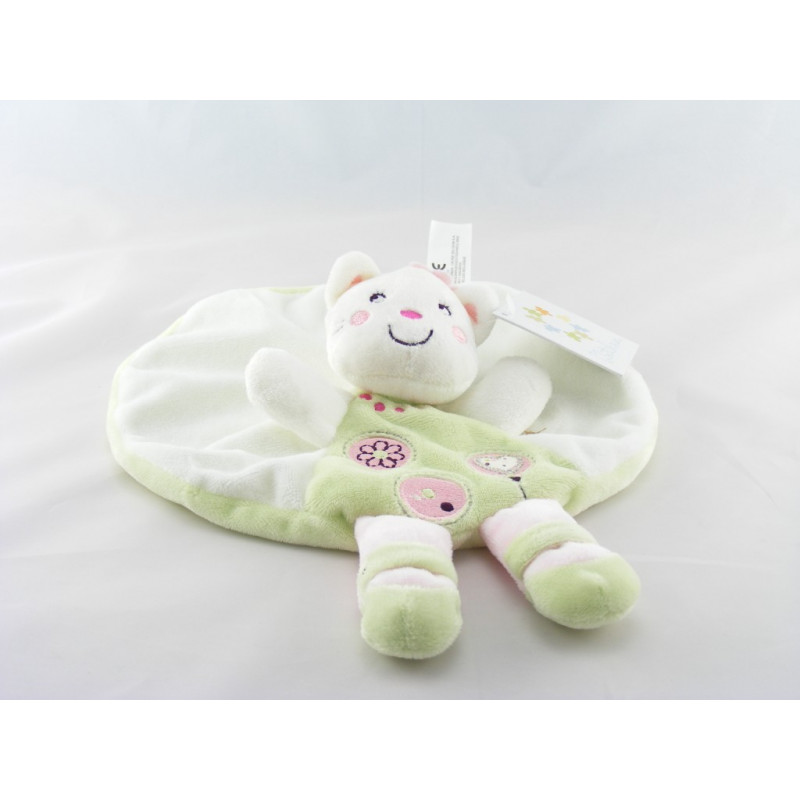 Doudou plat rond chat blanc vert rose fleur NICOTOY KIABI