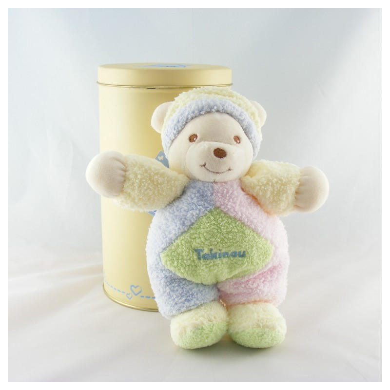 Doudou ours jaune rose bleu vert TAKINOU