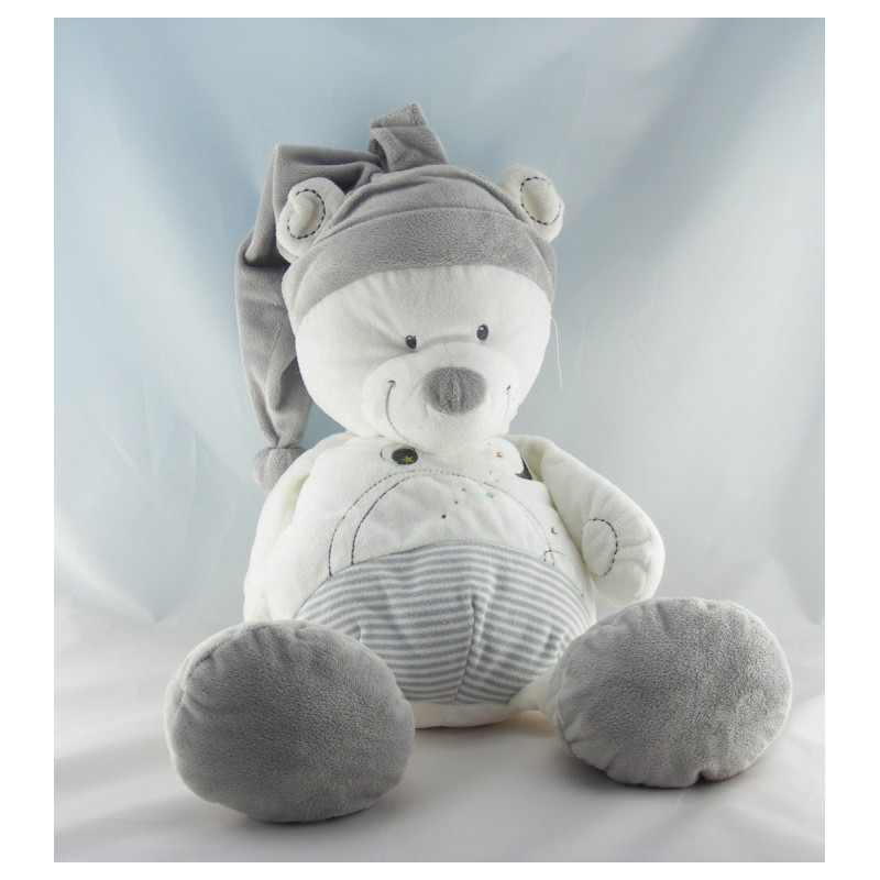 Doudou plat ours blanc gris rayé MOTS D'ENFANTS