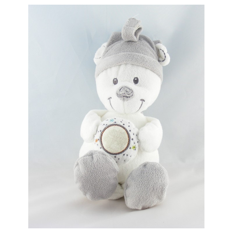 Grand Doudou ours blanc gris rayé étoile lune MOTS D'ENFANTS