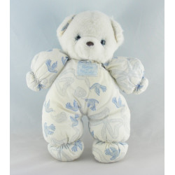 Doudou lapin bleu salopette imprimé oiseau TARTINE ET CHOCOLAT