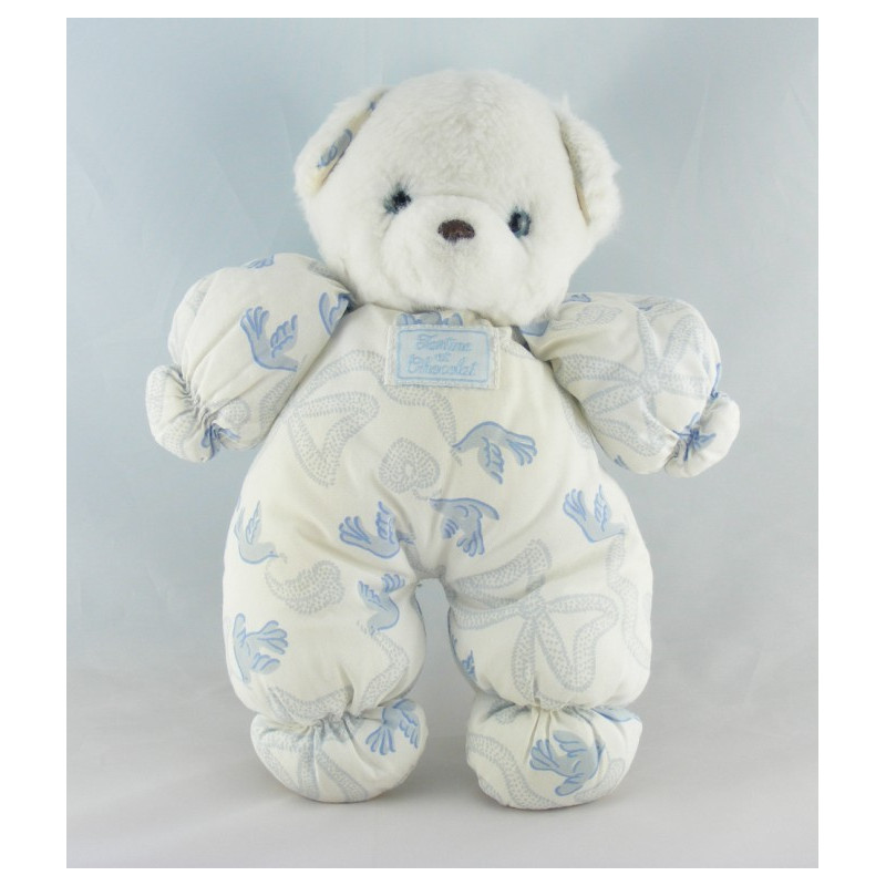 Doudou lapin bleu salopette imprimé oiseau TARTINE ET CHOCOLAT