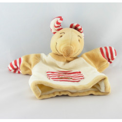 Doudou plat souris beige blanc rouge poche à sucette TCF