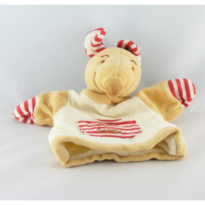 Doudou plat souris beige blanc rouge poche à sucette TCF