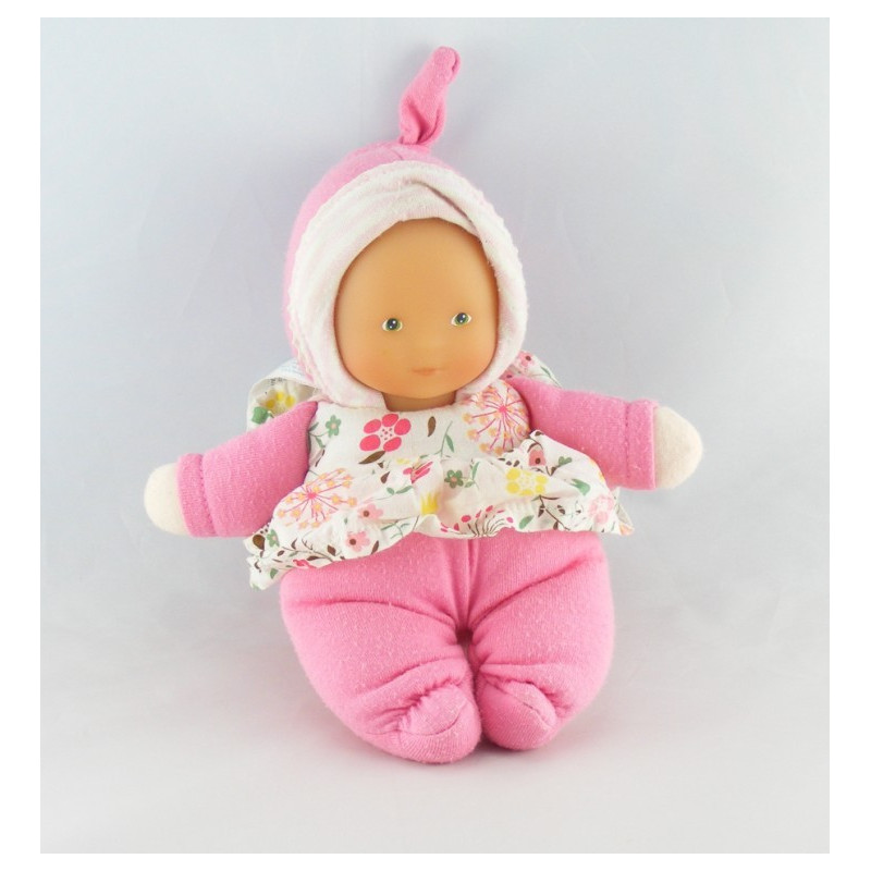 Doudou poupon bébé rose col fleurs COROLLE 