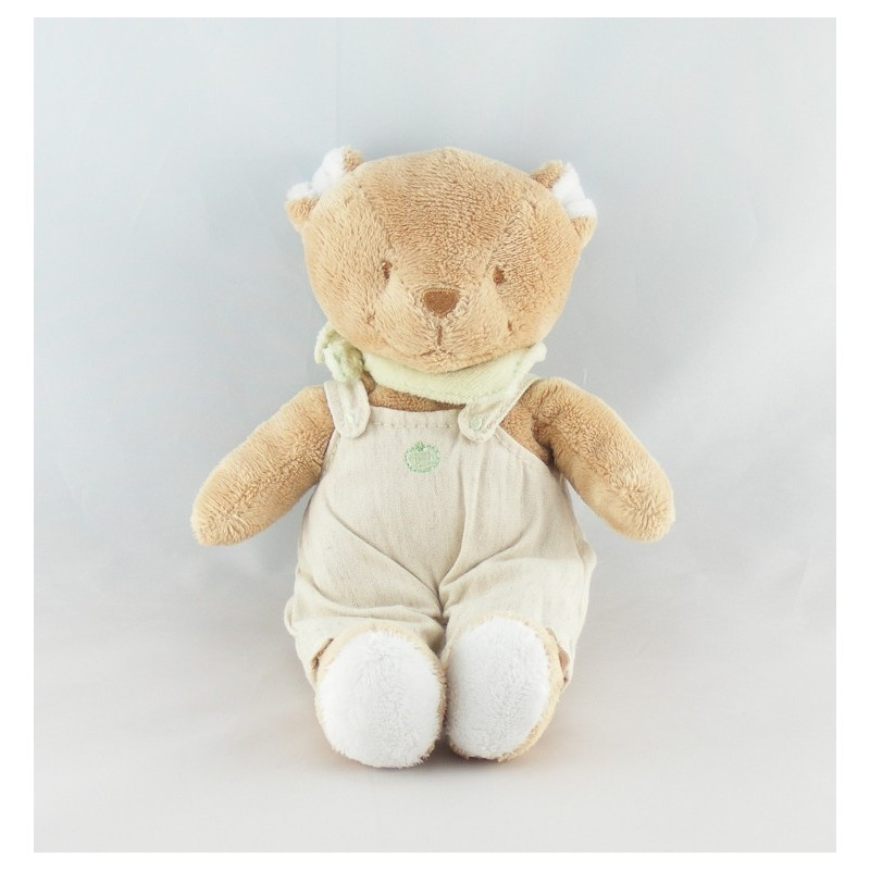 Doudou ours beige salopette foulard vert NOUKIE'S