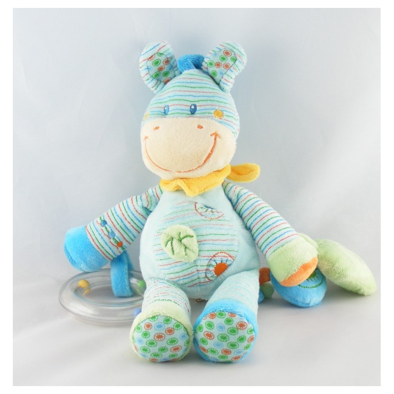 Doudou plat Zébre bleu rayé feuille foulard jaune NICOTOY