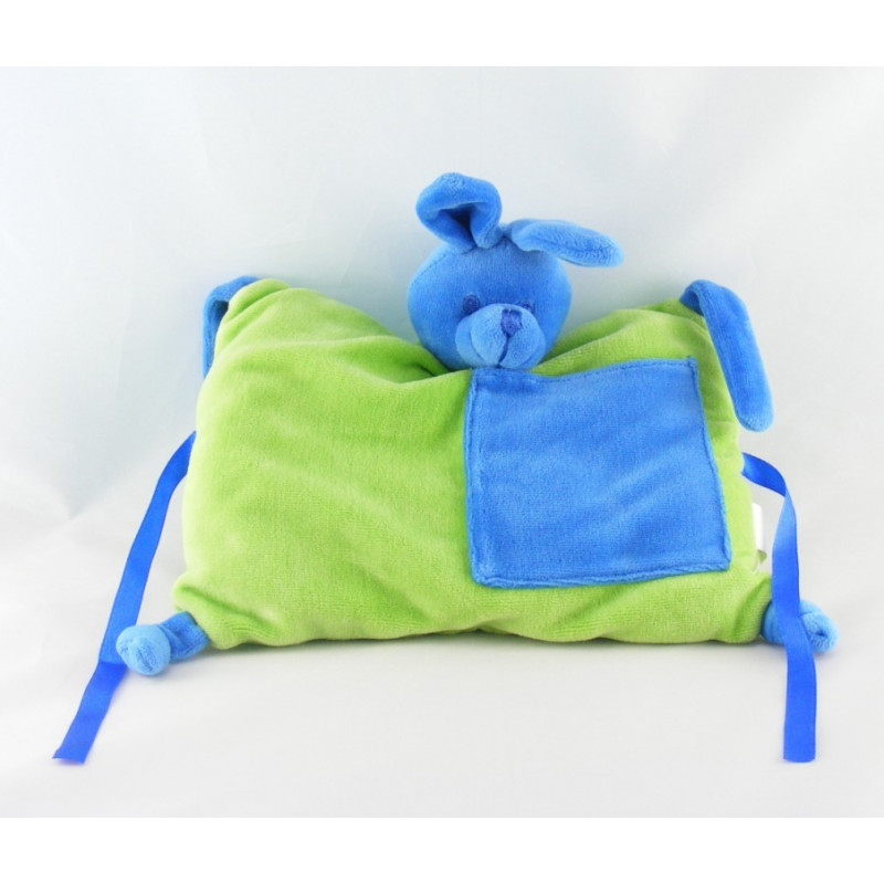 Doudou semi plat coussin lapin bleu vert AIR FRANCE
