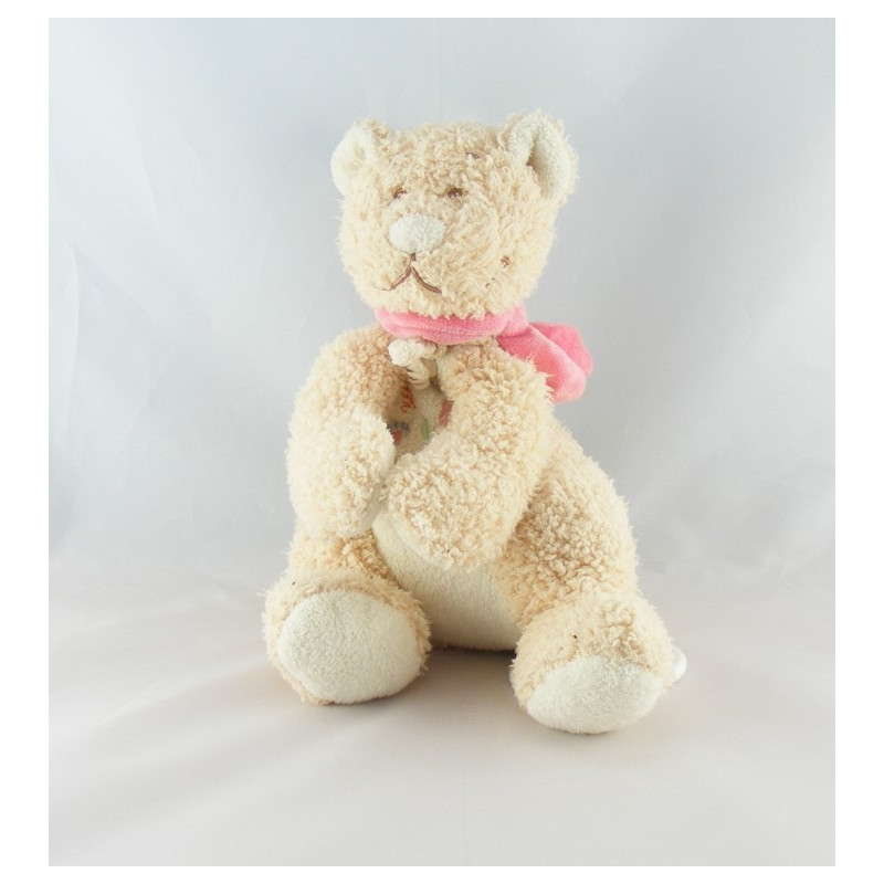 Doudou chat ours beige blanc rose fleur BENGY lot de 2