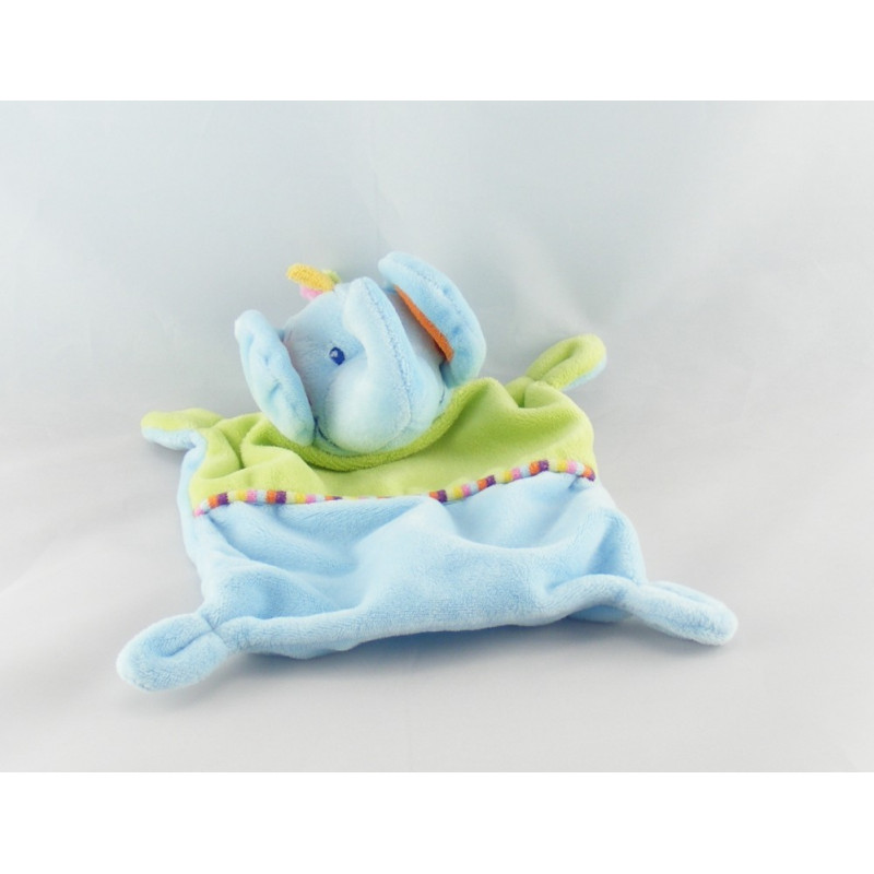 Doudou plat éléphant bleu vert NICOTOY
