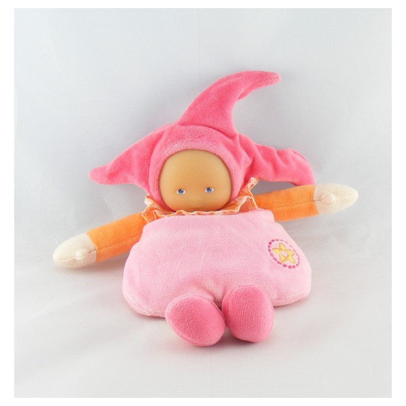 Doudou Poupée lutin rose violet avec grelot coeur brodé Corolle