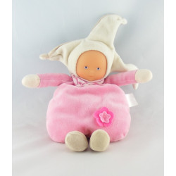 Doudou Poupée lutin rose fleur brodée avec grelot  Corolle