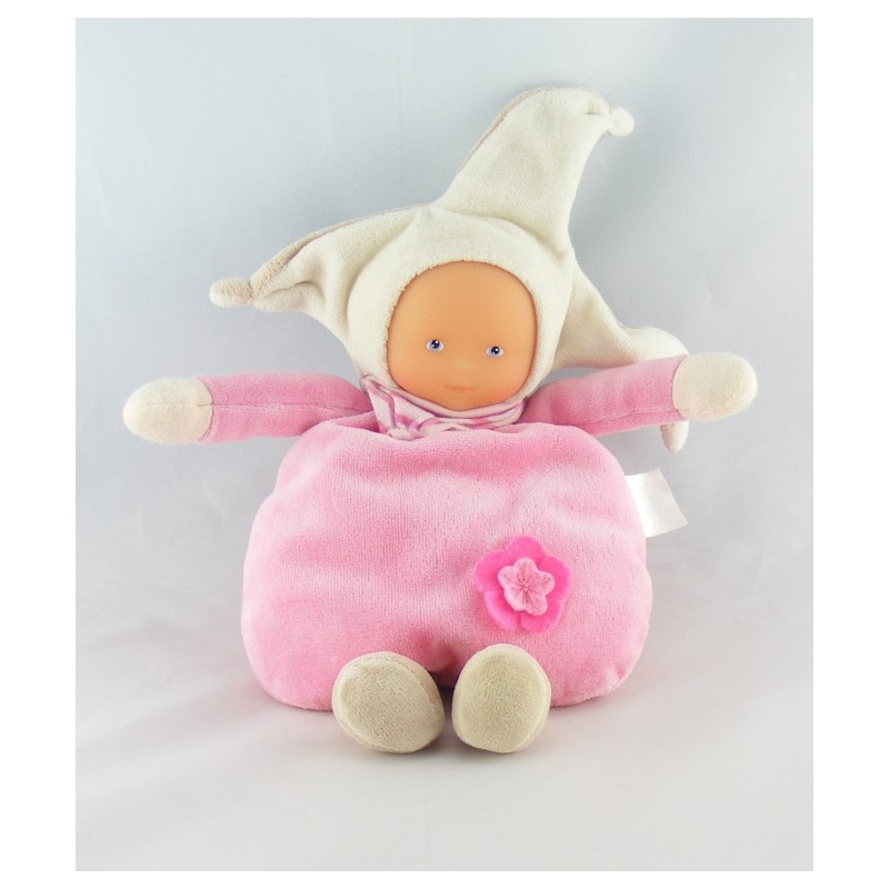 Doudou Poupée lutin rose fleur brodée avec grelot  Corolle