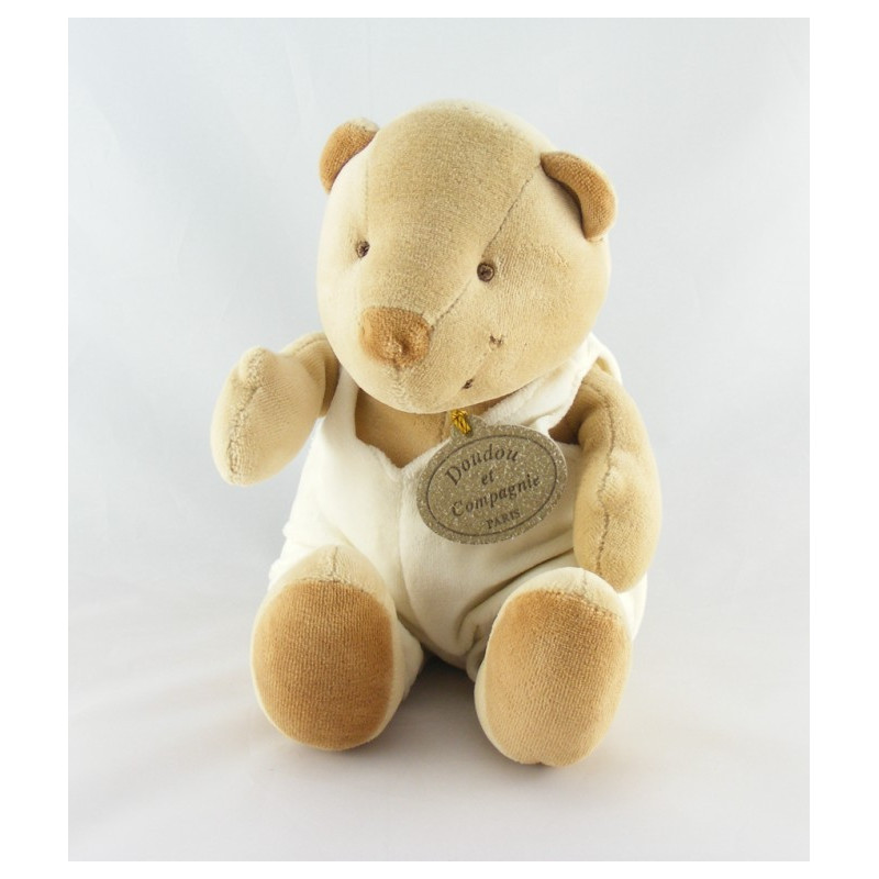Doudou ours beige salopette blanche DOUDOU ET COMPAGNIE