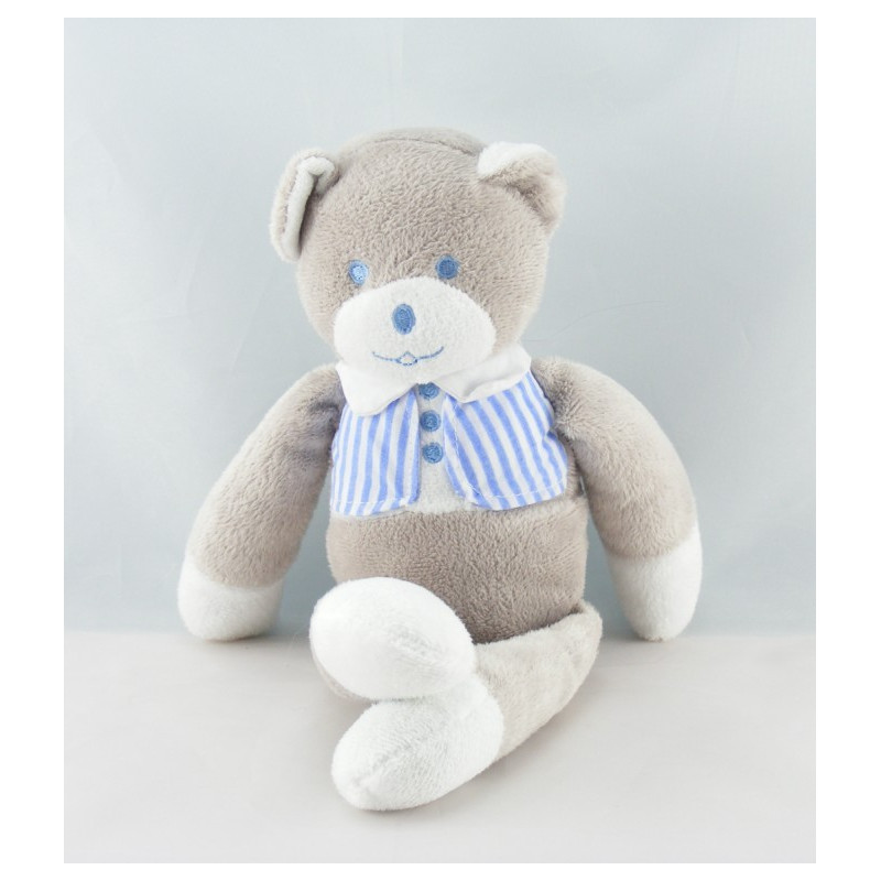 Doudou ours gris blanc noeud rose Musti de Mustela