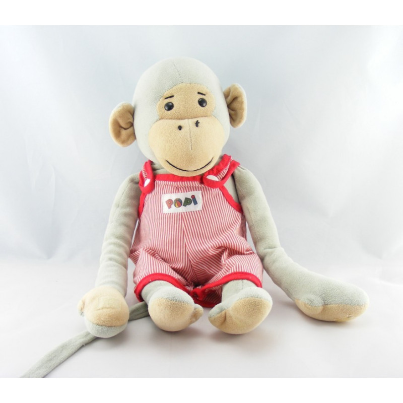 Doudou singe gris Popi salopette rouge AJENA 38 cm