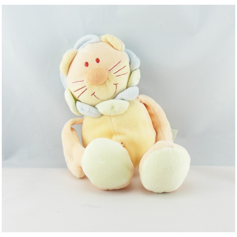 Doudou lion orange jaune criniére bleu vert JOLLYBABY