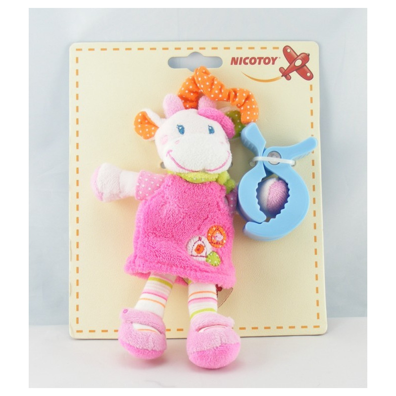 Doudou semi plat vache rose pois foulard vert oiseau NICOTOY