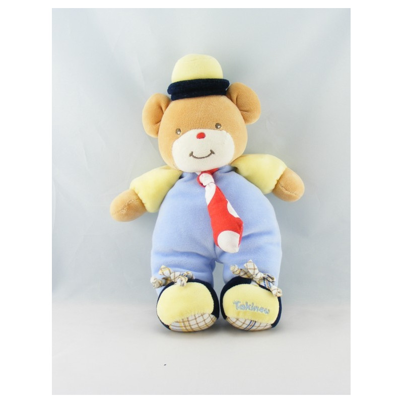 Doudou Ours jaune bleu marine cravate rouge TAKINOU