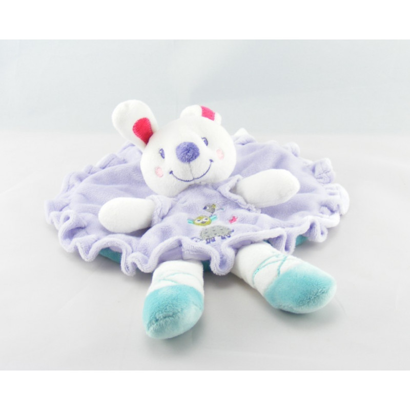 Doudou plat rond lapin blanc bleu fleur NICOTOY
