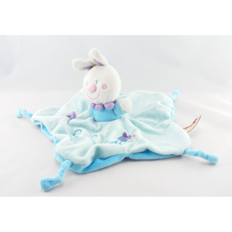 Doudou plat lapin bleu rayé ABC attache tétine NICOTOY